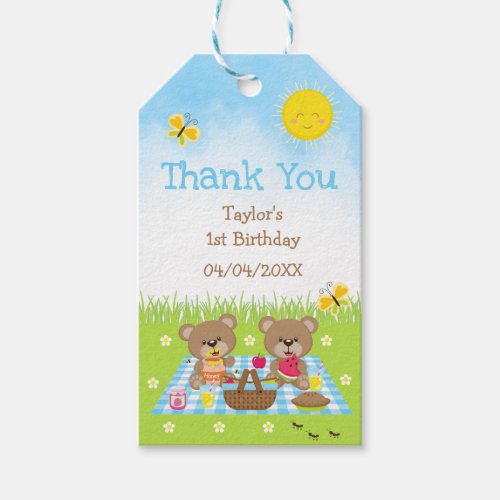 Teddy Bears Picnic Birthday Blue Gingham Thank You Gift Tags