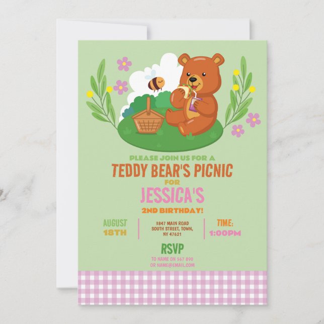 Teddy Bear's Picnic Birthday Party Park Pink Invitation (Front)