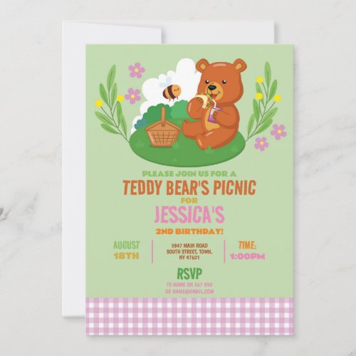 Teddy Bears Picnic Birthday Party Park Pink Invitation