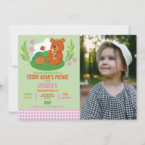 Teddy Bears Picnic Birthday Party Photo Pink Invitation