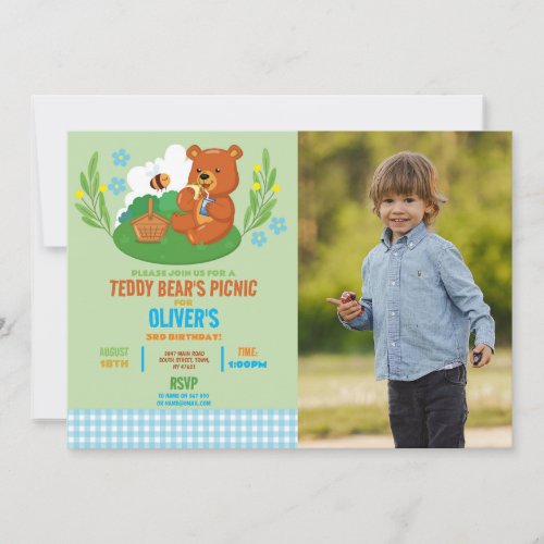 Teddy Bears Picnic Birthday Photo Park Blue Invitation