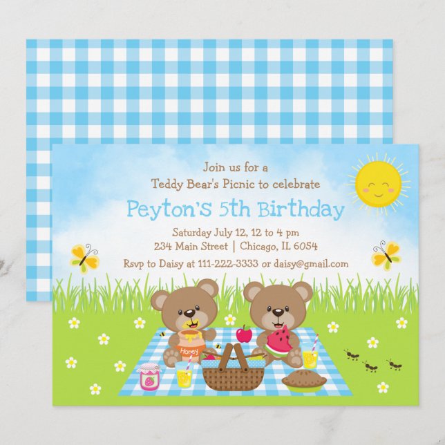 Teddy Bear's Picnic Blue Gingham Birthday Invitation (Front/Back)