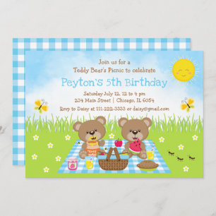 Teddy Bear's Picnic Blue Gingham Birthday Invitation