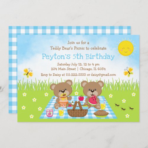 Teddy Bears Picnic Blue Gingham Birthday Invitation