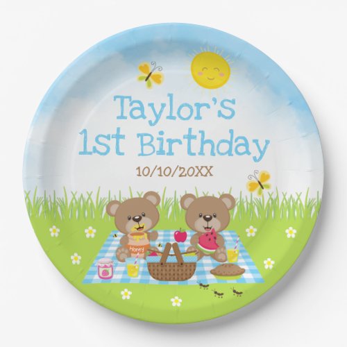 Teddy Bears Picnic Blue Gingham Birthday Party Paper Plates