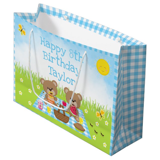 Teddy Bears Picnic Blue Gingham Happy Birthday Large Gift Bag (Front Angled)