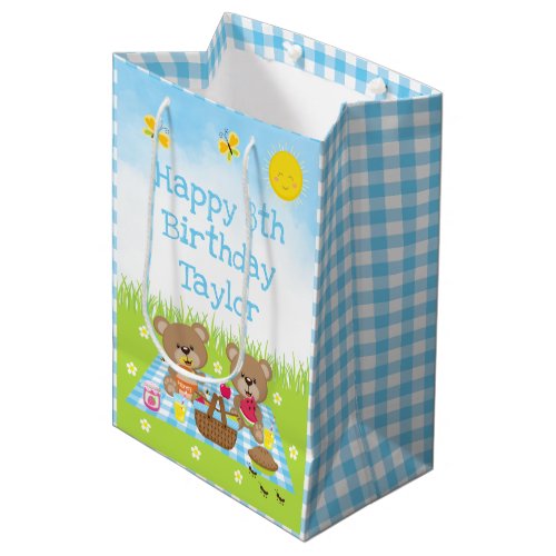 Teddy Bears Picnic Blue Gingham Happy Birthday Medium Gift Bag