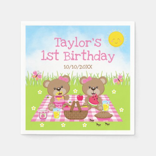 Teddy Bears Picnic Pink Gingham Birthday Party Napkins