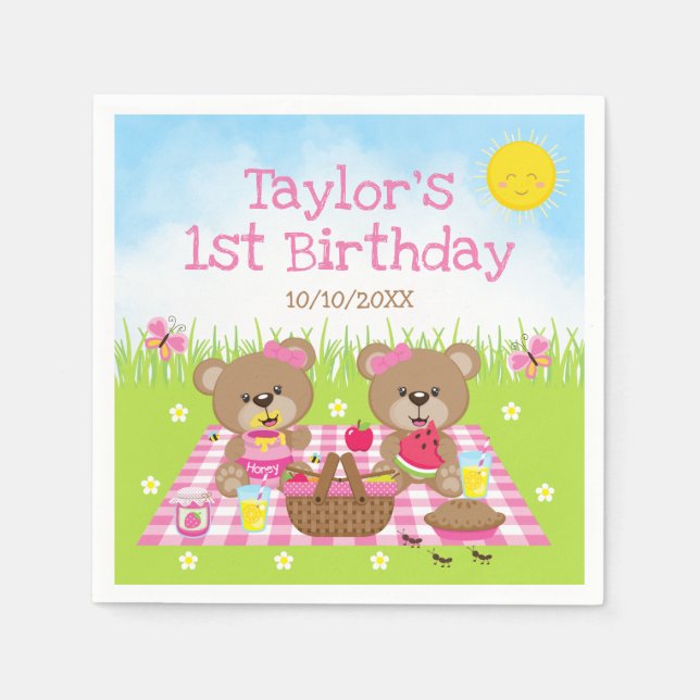 Teddy Bears Picnic Pink Gingham Birthday Party Napkins (Front)