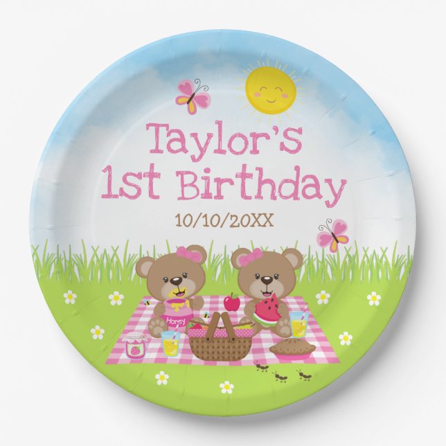 Teddy Bears Picnic Pink Gingham Birthday Party Paper Plates (Front)