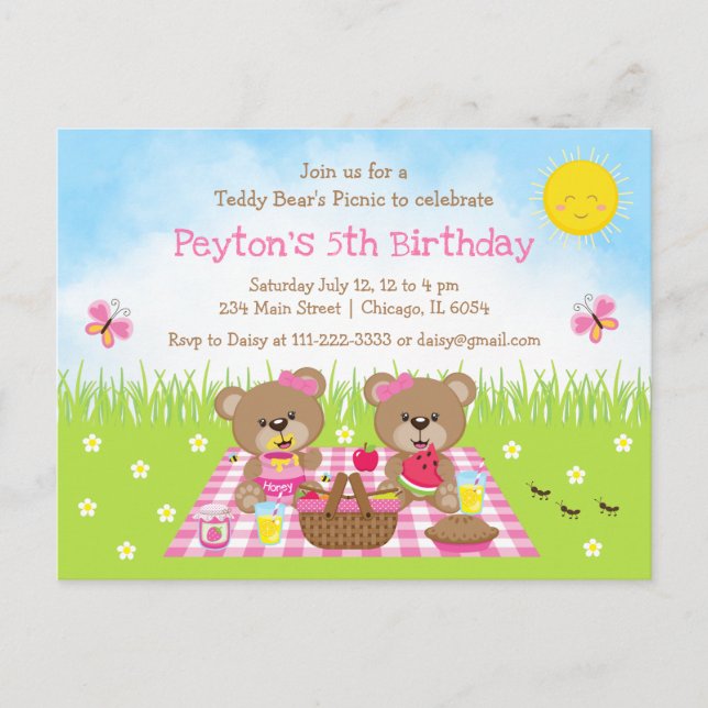 Teddy Bear's Picnic Pink Gingham Birthday Postcard (Front)