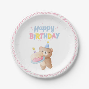 Teddy Bear's Pink Pastel Happy Birthday Party Paper Plates