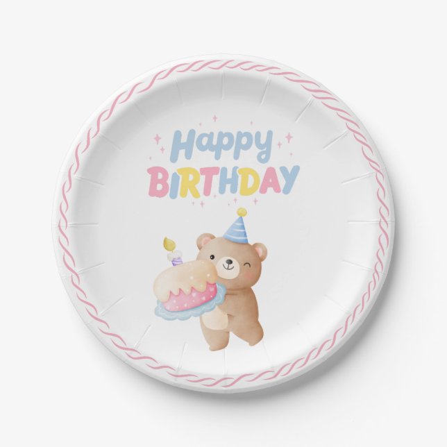 Teddy Bear's Pink Pastel Happy Birthday Party Paper Plates (Front)