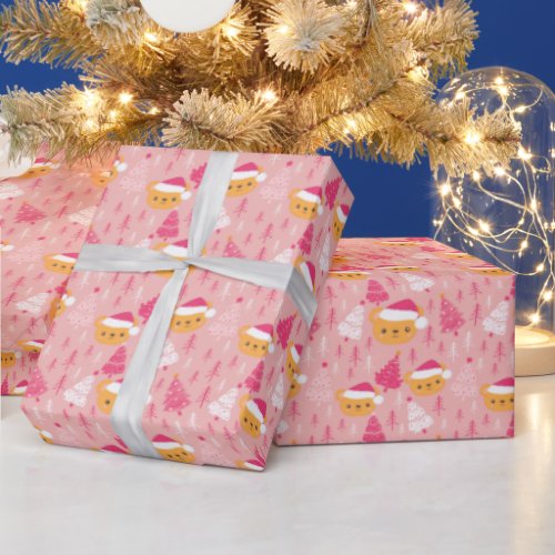 Teddy Bears Santa Hats Trees Pink Christmas Wrapping Paper