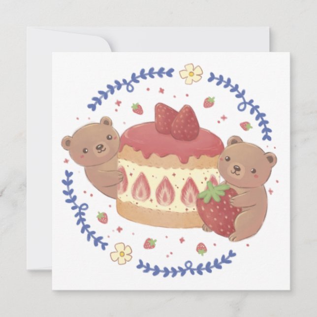 Teddy Bears & Strawberry Cake Illustration Invitation (Front)