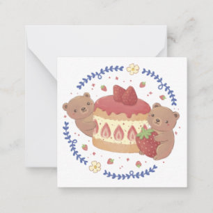 Teddy Bears & Strawberry Cake Illustration Note Card
