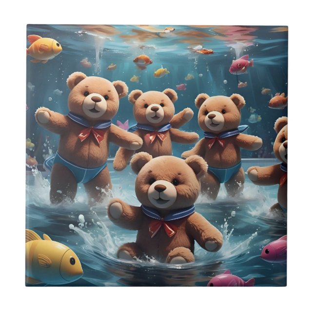Teddy Bears Swimming in a Pool of Fish Ceramic Tile (Front)