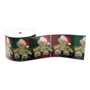 Teddy Bears Tangled In Christmas Lights On Plaid Grosgrain Ribbon
