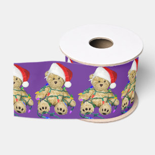 Teddy Bears Tangled In Christmas Lights On Purple Grosgrain Ribbon