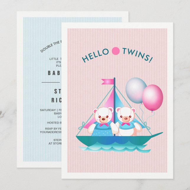 Teddy Bears Twin Girl & Boy Baby Shower Invitation (Front/Back)