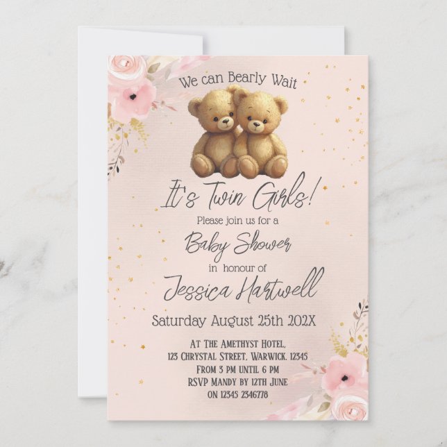 Teddy Bears Twin Girls Baby Shower Invitation (Front)