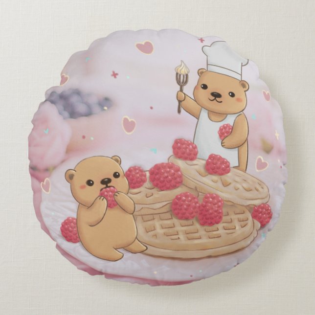 Teddy Bears & Waffles Round Pillow (Front)