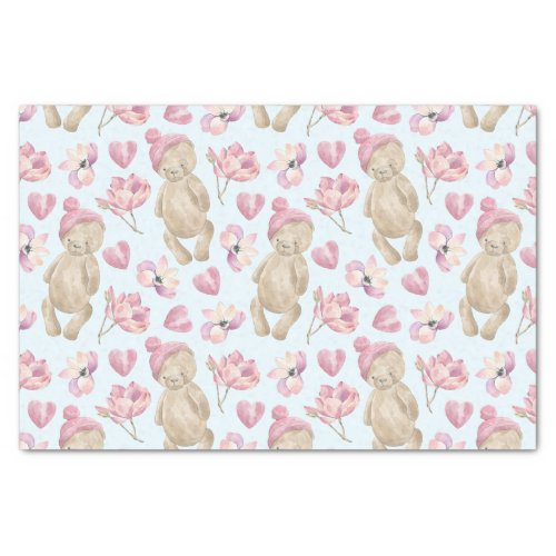 Teddy bears Watercolor Floral on Blue Tissue Paper