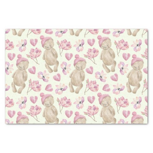 Teddy bears Watercolor Floral on Ivory Tissue Paper