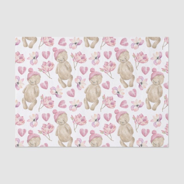 Teddy bears Watercolor Floral on White Tissue Paper (Front)