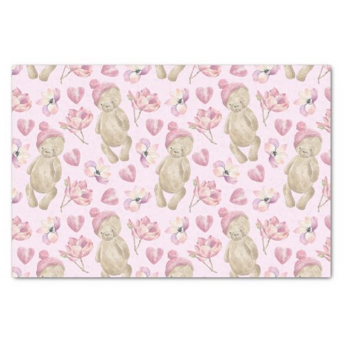 Teddy bears Watercolor Floral Pink Tissue Paper