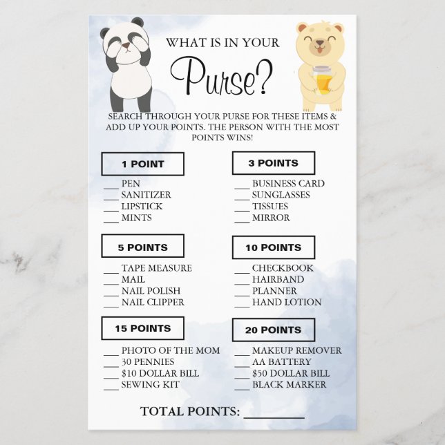 Teddy Bears What is in your purse Shower game card Flyer (Front)