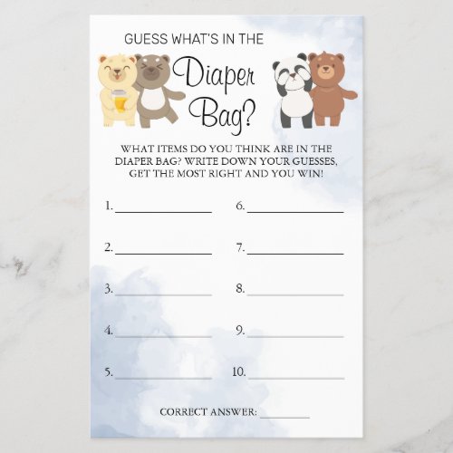 Teddy Bears Whats in the diaper bag shower game Flyer