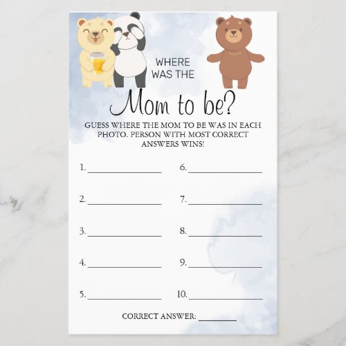 Teddy Bears Where was She Baby shower game card Flyer