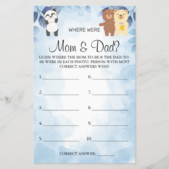 Teddy Bears Where were They Baby shower game card Flyer (Front)