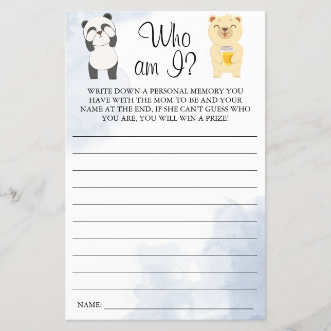 Teddy Bears Who am I Baby shower game card Flyer (Front)