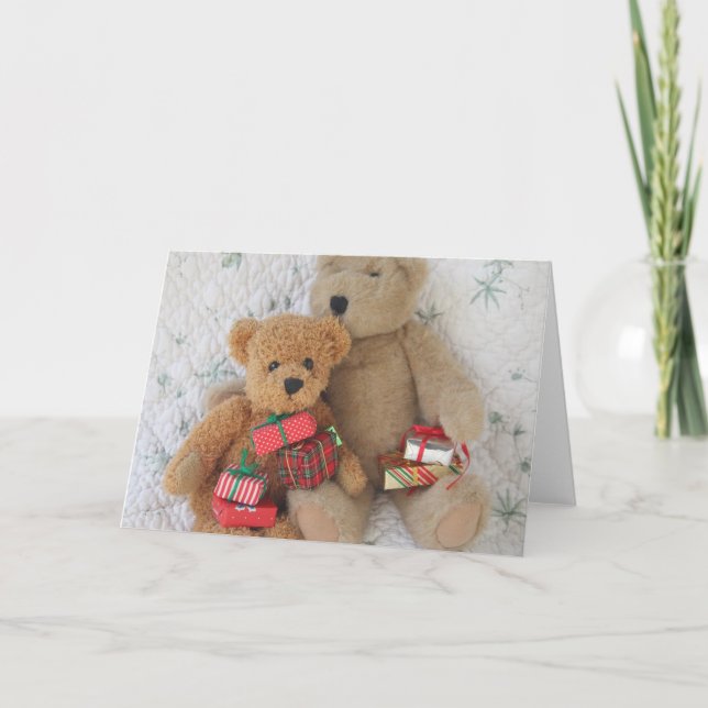 teddy bears with Christmas gifts greeting card (Front)