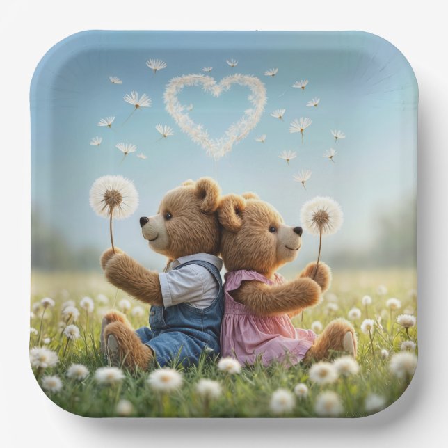 Teddy Bears With Dandelion Heart Paper Plates (Front)