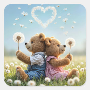 Teddy Bears With Dandelion Heart Square Sticker