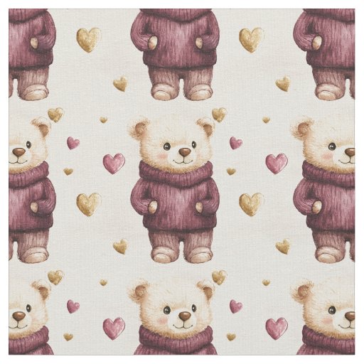Teddy Bears with Purple & Gold Hearts Fabric