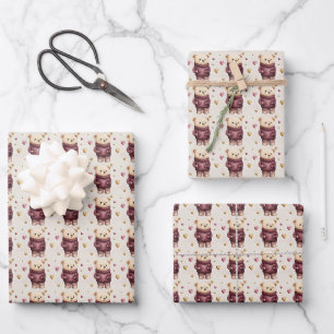 Teddy Bears with Purple & Gold Hearts Wrapping Paper Sheets