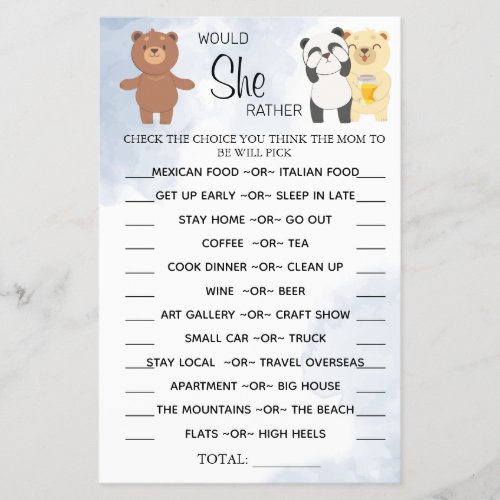 Teddy Bears Would She Rather baby shower game card Flyer