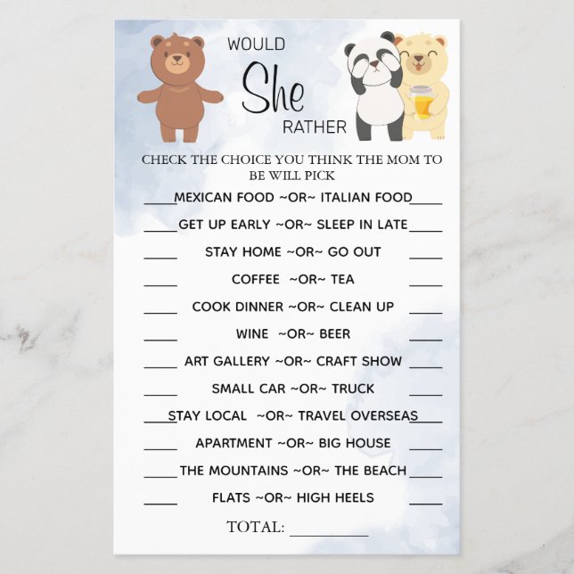 Teddy Bears Would She Rather baby shower game card Flyer (Front)