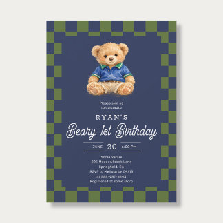 Teddy Beary 1st Birthday Checkboard Blue Green Invitation