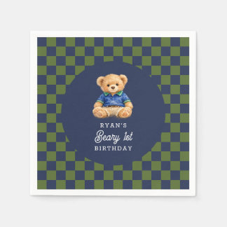 Teddy Beary 1st Birthday Checkboard Paper Napkin