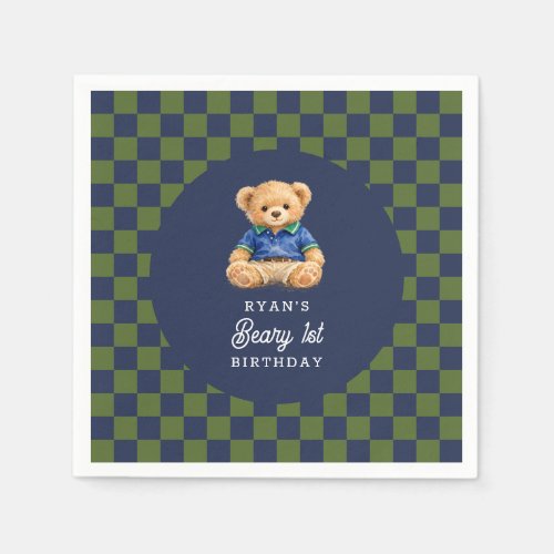Teddy Beary 1st Birthday Checkboard Paper Napkin