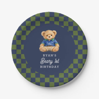 Teddy Beary 1st Birthday Checkboard Retro Paper Plates