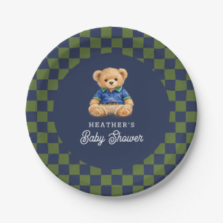 Teddy Beary Checkboard Retro Baby Shower Paper Plates