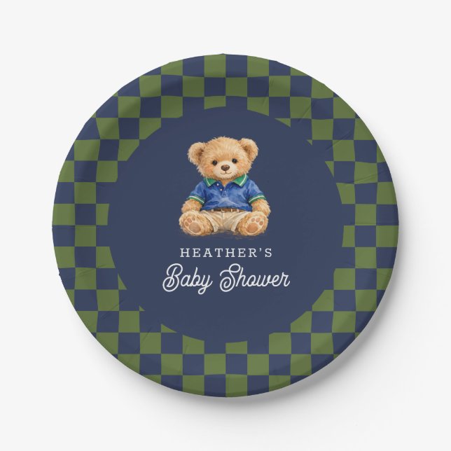 Teddy Beary Checkboard Retro Baby Shower Paper Plates (Front)