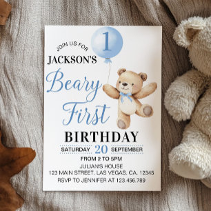 Teddy Blue Balloon Beary First Birthday Invitation