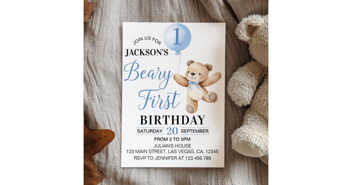 Teddy Blue Balloon Beary First Birthday Invitation | Zazzle
